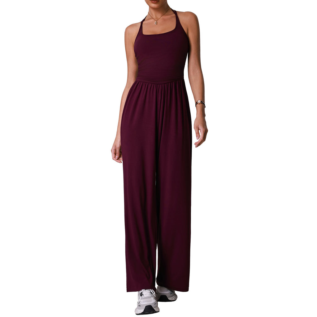 Strapless Backless Hollow-Out Yoga Bodysuit with Padded, Slimming and Body-Hiding Design for Sport and Casual Wear, Wide-Leg Bodysuit