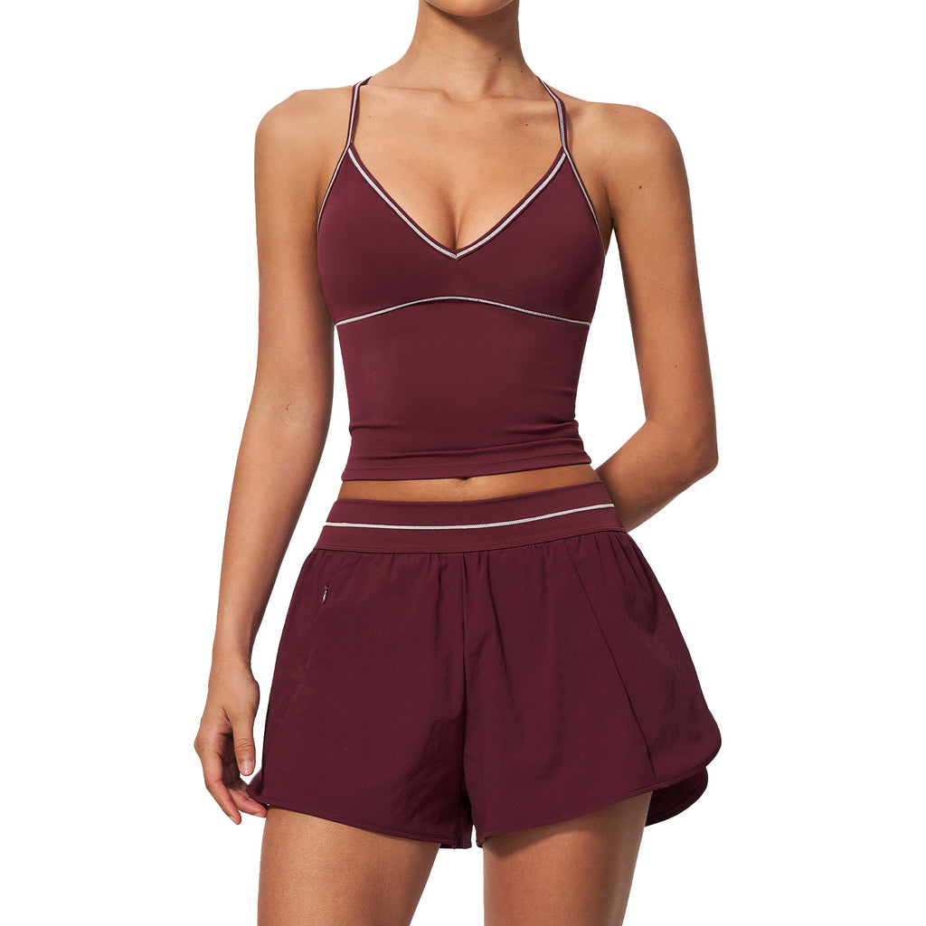 Yoga Suit Set for Women, New Brushed Color-block V-neck Halter Sports Quick-dry Fitness Set
