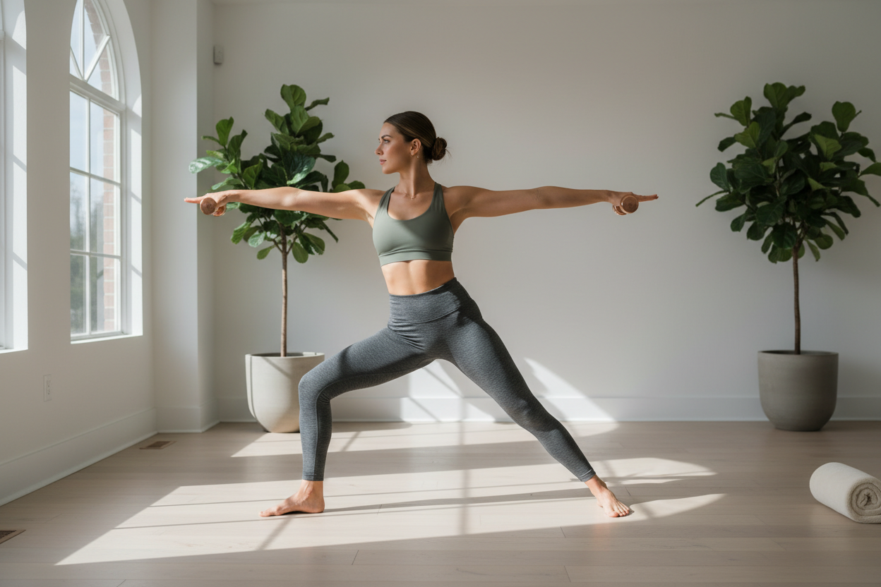 Yogi wearing stylish yoga wear stretching with weights